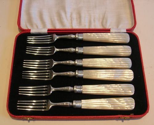Antique English Sterling Silver & Mother of Pearl Cake or Desert Forks