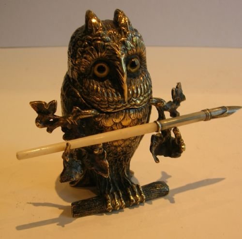 Fabulous Antique Figural Inkwell - Cast Brass Owl with Glass Eyes