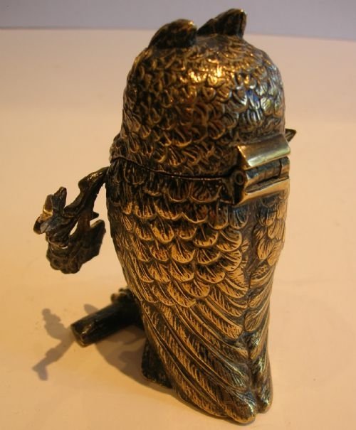 fig 1. Fabulous Antique Figural Inkwell - Cast Brass Owl With Glass Eyes