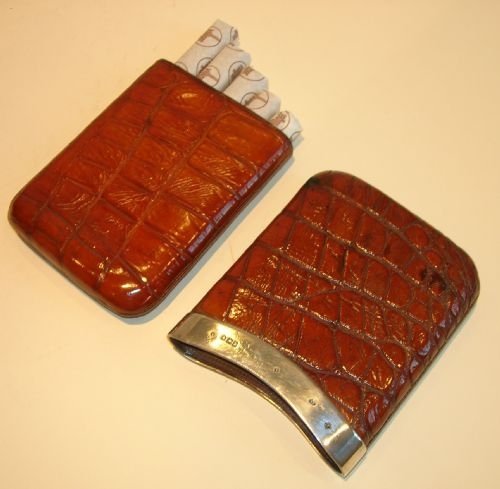 Large Antique Crocodile / Alligator & English Sterling Silver Cigar Case - 1902