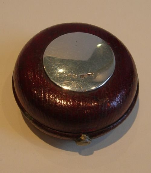 Antique English Leather Covered Travelling Inkwell - Sterling Silver Mount: 1908