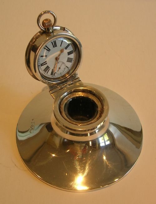 English Sterling Silver Capstan Inkwell with Pocket Watch - Edwardian
