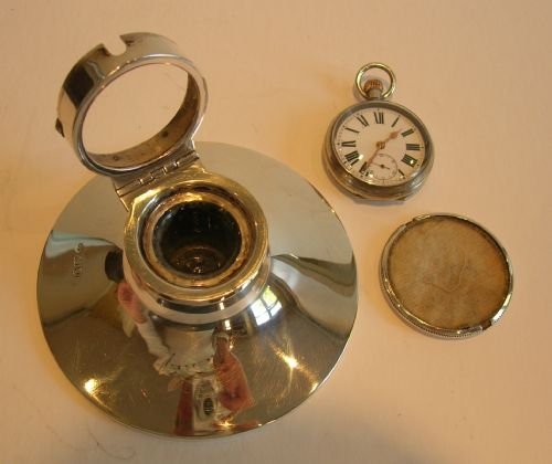 fig 1. English Sterling Silver Capstan Inkwell With Pocket Watch - Edwardian
