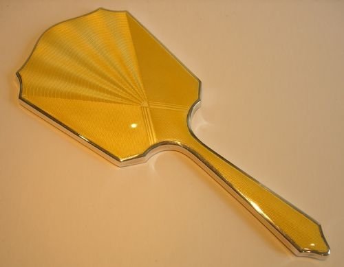 Stunning Vintage English Sterling Silver & Yellow Guilloche Enamel Hand Mirror