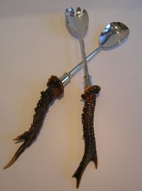 Handsome Pair Antler Horn Handled Salad Servers - English Sterling Silver