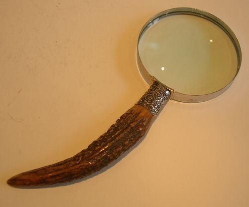 Grand Antique English Antler Horn & Sterling Silver Magnifying Glass