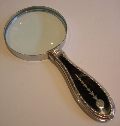 English Sterling Silver and Tortoise Shell Handled Magnifying Glass