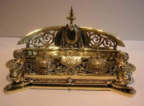 fig 1. Grand & Impressive - Antique English Double Inkstand / Inkwell c.1890