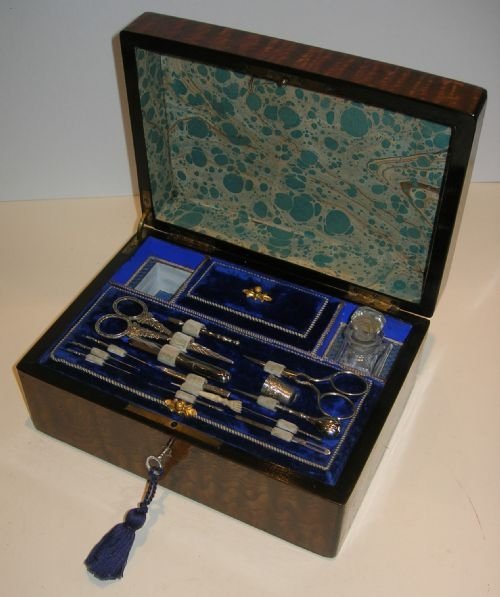 Antique French Inlaid Burl Ash and Tulipwood Sewing Box C.1860
