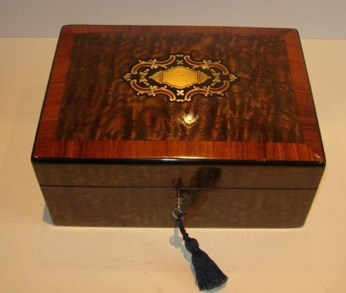 fig 1. Antique French Inlaid Burl Ash and Tulipwood Sewing Box c.1860