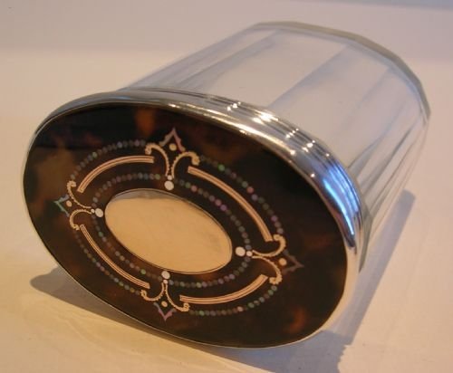 English Sterling Silver / Tortoiseshell Vanity Jar - Gold & Mother of Pearl Inlaid
