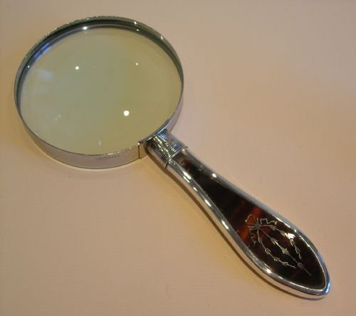 Large Sterling Silver Handled Magnifying Glass - Tortoiseshell & Gold Pique Inlay