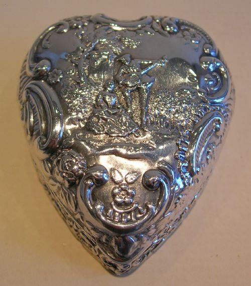 Stunning English Victorian Sterling Silver Heart Shaped Box - 1899