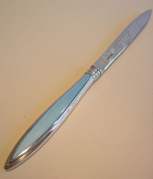 Antique English Sterling Silver & Blue Guilloche Enamel Letter Opener