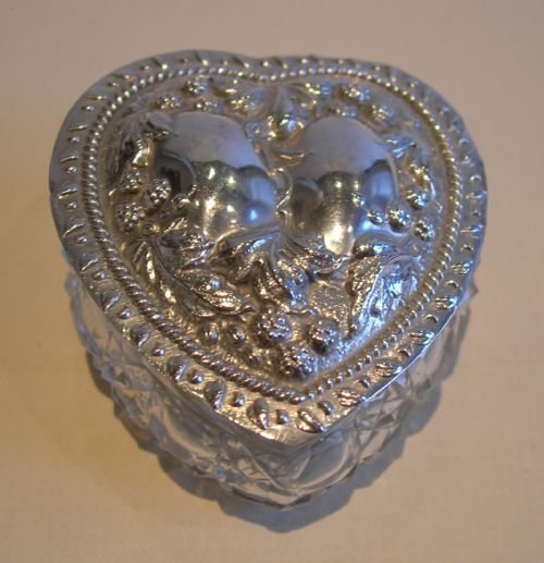 Small Edwardian Cut Crystal and Sterling Silver Heart Shaped Box
