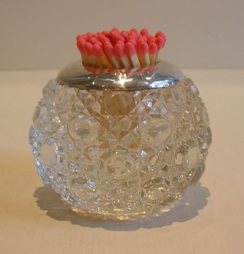 Antique English Molded Hobail Glass & Sterling Silver Spherical Match Strike