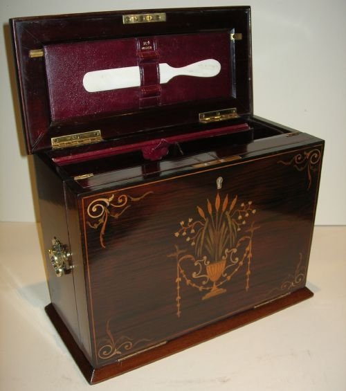 Magnificent Antique English Inlaid Rosewood Writing Box / Stationery Cabinet