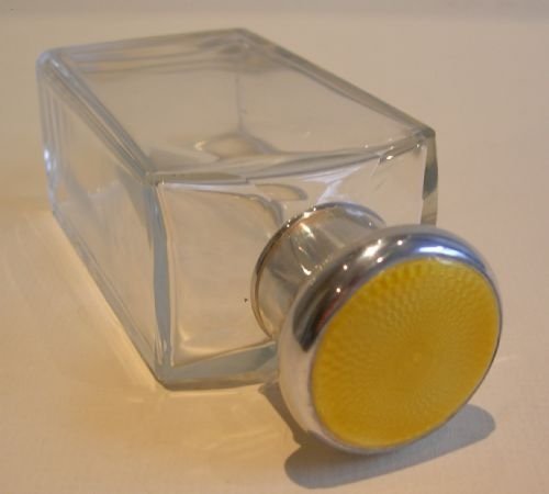Large Sterling Silver & Yellow Guilloche Enamel Lidded Cologne or Perfume Bottle