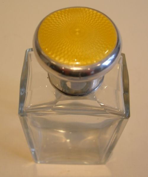 fig 1. Large Sterling Silver & Yellow Guilloche Enamel Lidded Cologne or Perfume Bottle