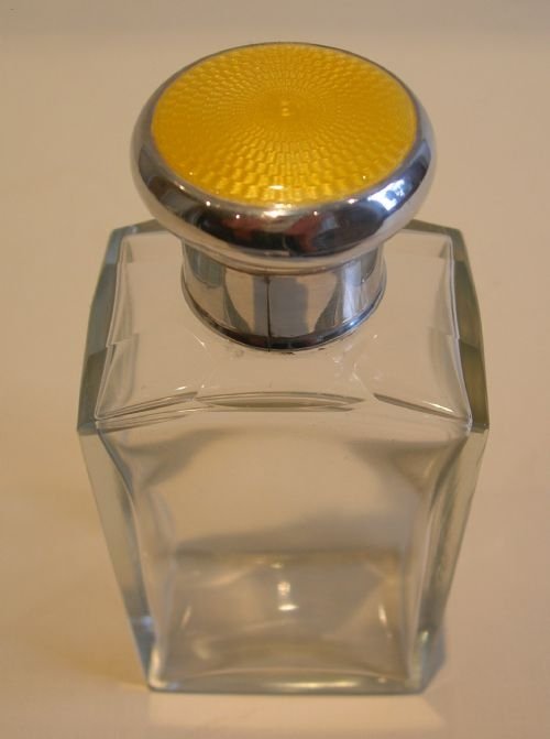 Large Sterling Silver & Yellow Guilloche Enamel Lidded Cologne or Perfume Bottle
