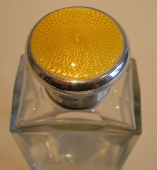 fig 1. Large Sterling Silver & Yellow Guilloche Enamel Lidded Cologne or Perfume Bottle