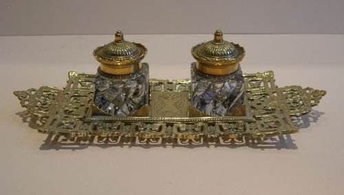 Antique English Cast Brass Double Inkstand / Inkwell - Reg. For 1887