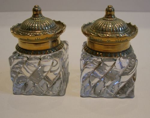 fig 1. Antique English Cast Brass Double Inkstand / Inkwell - Reg. For 1887