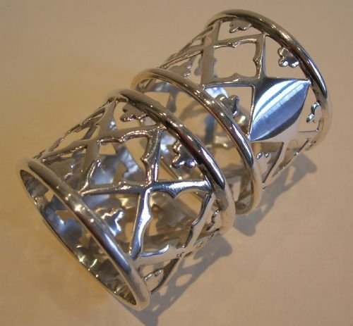 Stunning Pair Gothic Style English Sterling Silver Napkin Rings - Edwardian
	