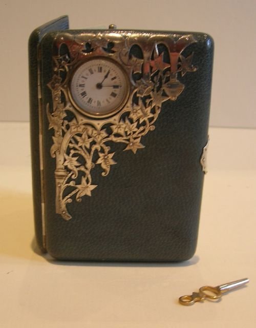 Magnificent French Leather & Silver Card Case with Clock - Signed Giraudon, Paris