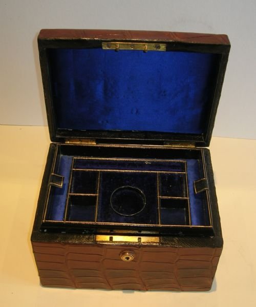 fig 1. Antique Jewelry Box Clad in Rich Crocodile or Alligator Skin c.1880