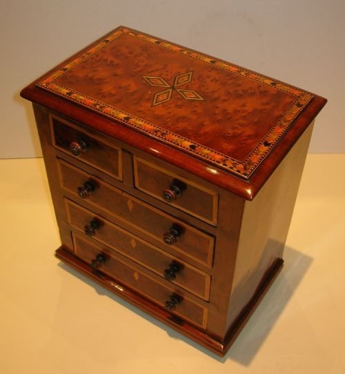 Unusual Inlaid Burr Walnut Miniature Chest of Drawers C.1860