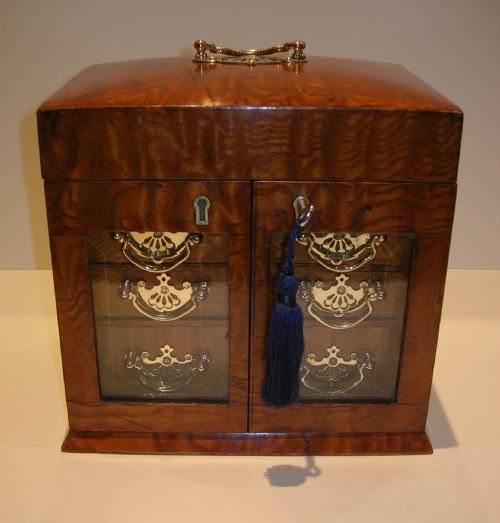 Fabulous Antique Burr Ash Jewellery Box with Glazed Doors C.1886