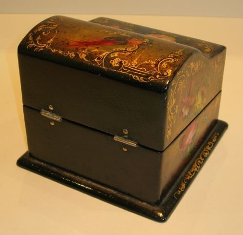 fig 1. Antique English Hand Painted Papier Mache Scent Bottle Box - Museum Quality