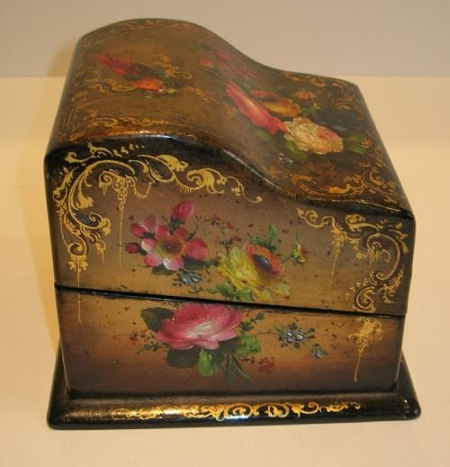 fig 2. Antique English Hand Painted Papier Mache Scent Bottle Box - Museum Quality