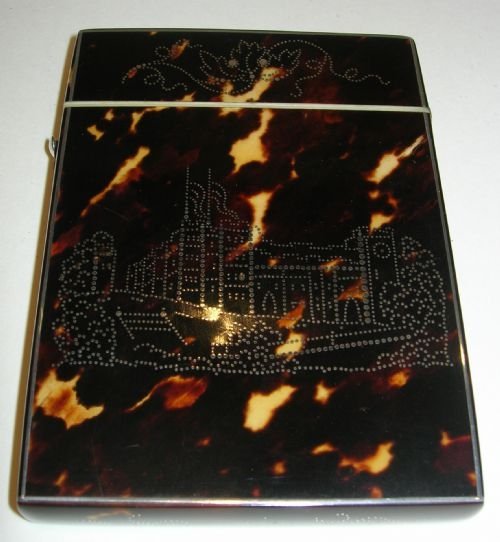 Rare English Castle Pique Cloute Inlaid Tortoiseshell Card Case C.1830