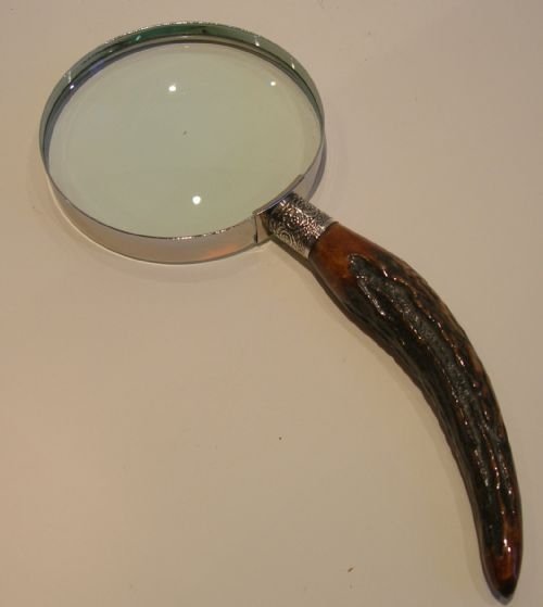 Grand Antique English Antler Horn & Sterling Silver Magnifying Glass