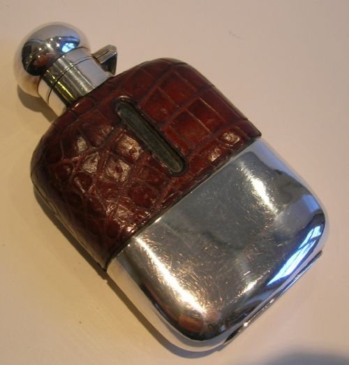 Handsome Crocodile / Alligator Skin and Silver Plated Hip Flask C.1910