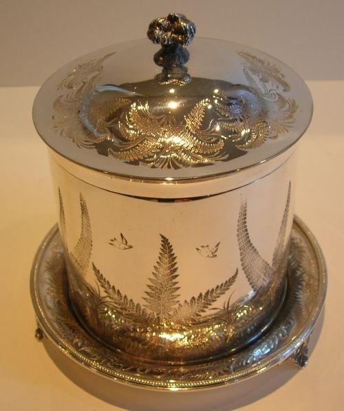Exquisite Silver Plated Biscuit Box by William Hutton - Ferns & Swallows C.1860