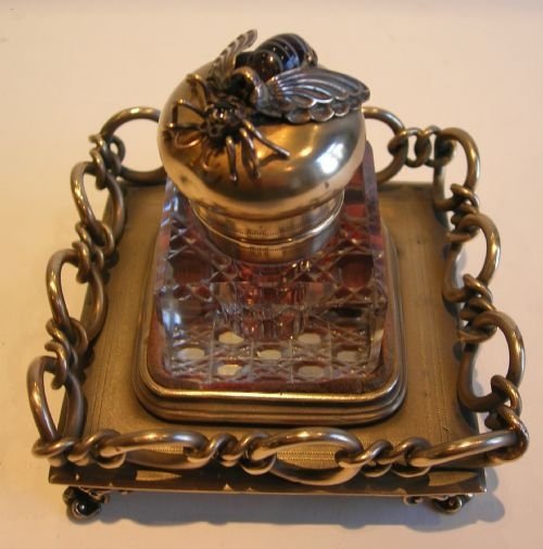 Magnificent Bee Topped Inkwell on Cast Wedding Ring Base C.1880