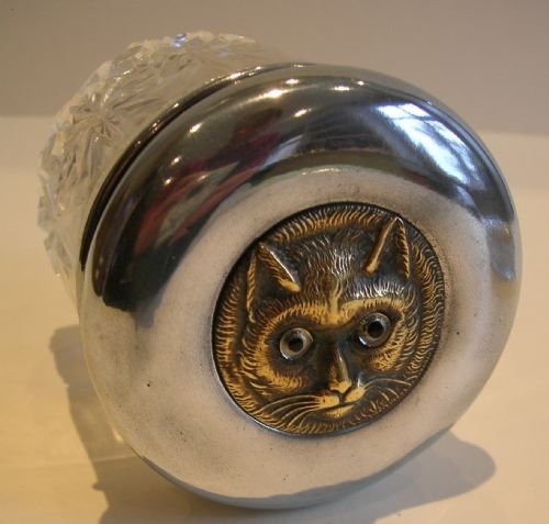 Antique English Glass Jar - Cast Brass Cat with Glass Eyes C.1900
