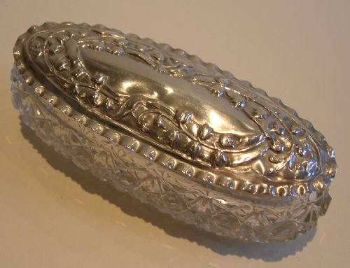 Antique English Cut Crystal Box - Floral Sterling Silver Lid - Lily of the Valley