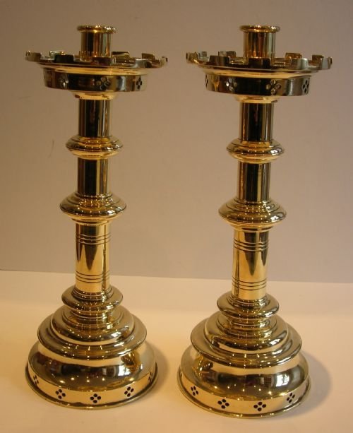 Grand Large Pair of Neo-gothic Candlesticks in the Manner of Hart, Son, Peard & Co