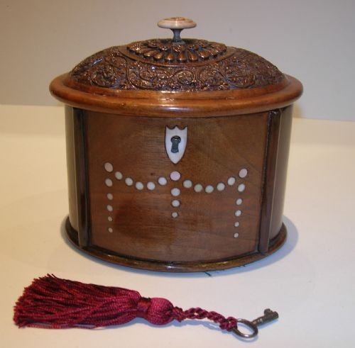 Antique Anglo-indian Sadeli Walnut Oval Tea Caddy with Ivory Decoration C.1880