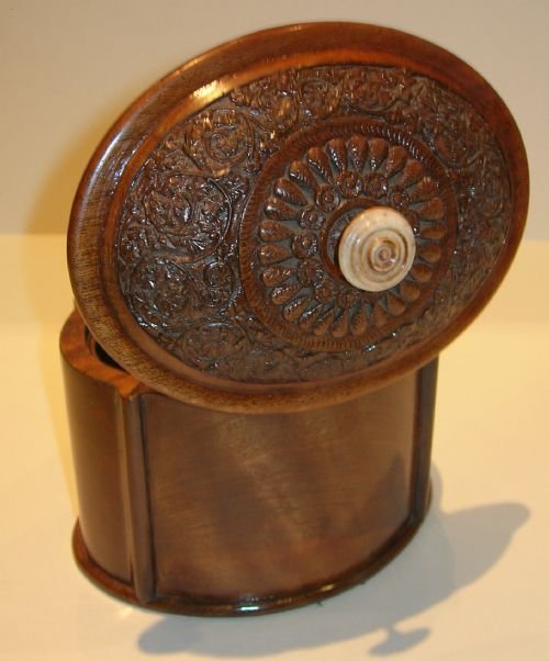 fig 1. Antique Anglo-Indian Sadeli Walnut Oval Tea Caddy With Ivory Decoration c.1880