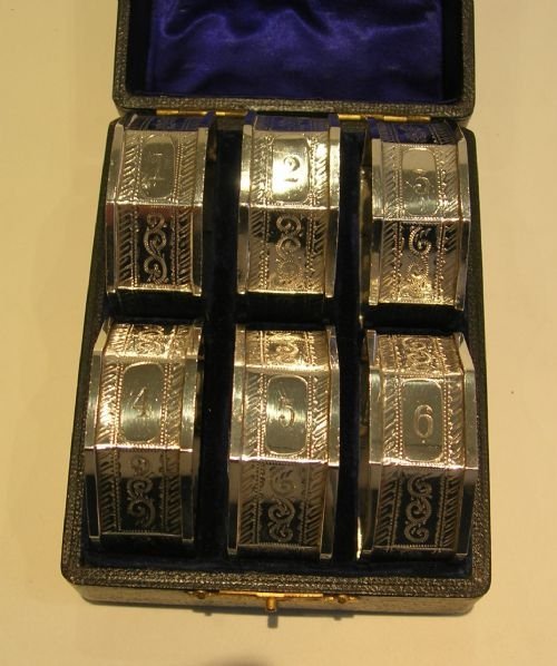 Set Six Antique English Sterling Silver Napkin Rings - Edwardian