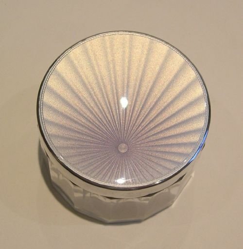 Cut Crystal Vanity Jar - Iridescent Silver / Lilac Guilloche Enamel Top