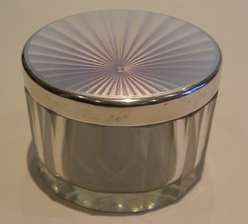 Large Cut Crystal Vanity Jar - Iridescent Silver / Lilac Guilloche Enamel Top
