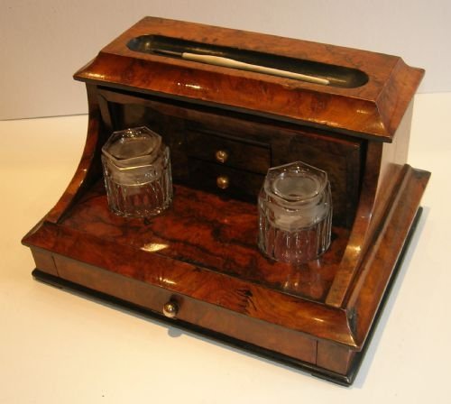 Rare Antique English Burr Walnut Roll Top Writing Box / Inkstand C.1860