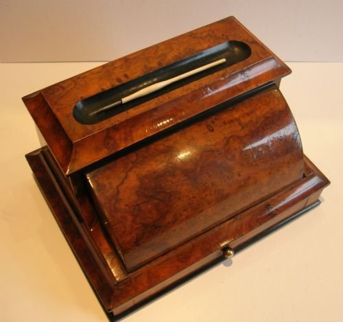 fig 1. Rare Antique English Burr Walnut Roll Top Writing Box / Inkstand c.1860