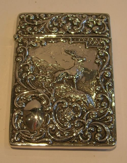 Magnificent Antique English Sterling Silver Card Case - Stag